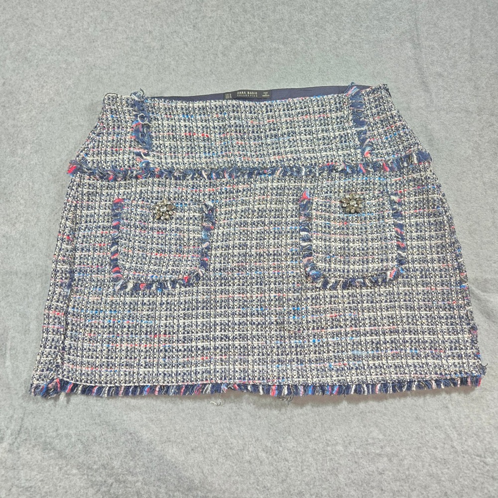 Zara Basic Tweed Mini Skirt Navy Blue Red White Fringed Rhinestone Button XL